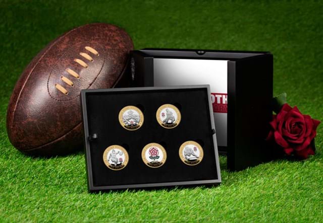 RFU 150th Anniversary Silver Proof £2 Set in Box with Rugby Ball Background