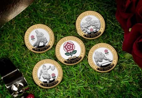 The Rugby Football Union was formed in 1871 and 2021 celebrates its 150th Anniversary. This £2 coin set features 5 coins with specially commissioned designs..925 silver. EL: 995
