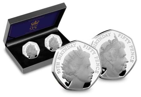 Your Queen Elizabeth 95th Birthday 50p pair are each struck from .925 Silver to a Proof finish. The reverses feature a portrait of the Queen from the 1950s and the 2000s.