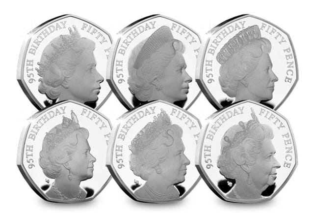 QEII 95th Birthday Silver Proof 50p Set All Coins Obverses