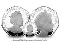 Your Queen Elizabeth 95th Birthday 50p coin is struck from 1oz of .999 Silver to a Proof finish. The reverse features a portrait of the Queen from the 1950s.