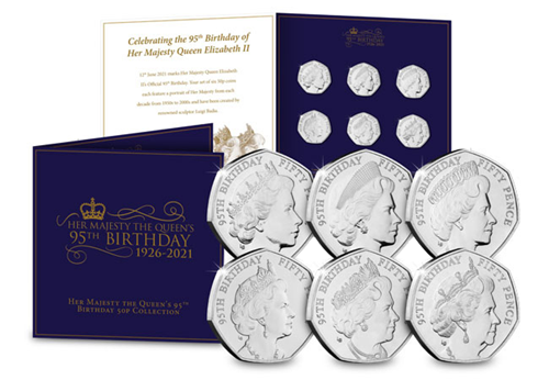 QEII 95th Birthday BU 50p Set Reverse and front of pack in the forefront with the open pack in the background
