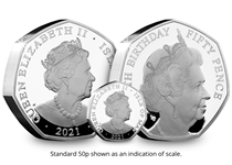 Your Queen Elizabeth II 95th Birthday 50p is struck from 5oz of .999 Silver to a Proof finish. The reverse features a portrait of the Queen from the 2000s.