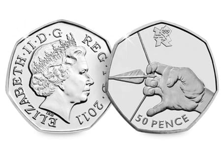 This coin was issued as part of a series of 29 Olympic 50ps in commemoration of London 2012, with each 50p featuring a different Olympic Sport. The reverse design features a bow being pulled back.