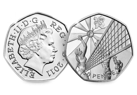 The Volleyball 50p was issued as part of a series of 29 Olympic 50ps in commemoration of London 2012, with each 50p featuring a different
Olympic Sport.