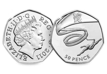 The Gymnastics 50p was issued as part of a series of 29 Olympic 50ps in commemoration of London 2012, with each 50p featuring a different Olympic Sport.