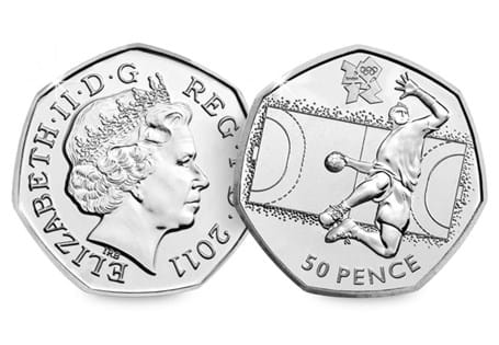 The Handball 50p was issued as part of a series of 29 Olympic 50ps in commemoration of London 2012, with each 50p featuring a different Olympic Sport.