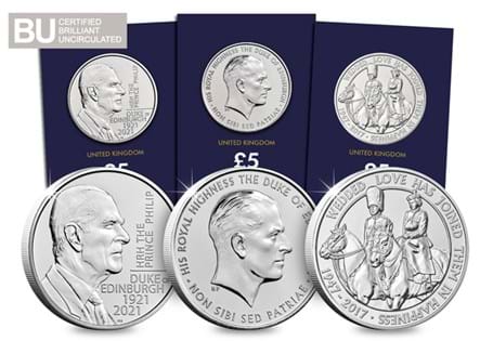 This Prince Philip BU £5 Set includes three £5 coins that feature Prince Philip over the years, including the 2017 Platinum Wedding £5, the 2017 Prince Philip £5 and the 2021 Life of Prince Philip £5.