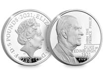 This is the official UK 2021 £5 coin issued by The Royal Mint in memory of the late Prince Philip. It is struck from .925 silver to a proof finish.
