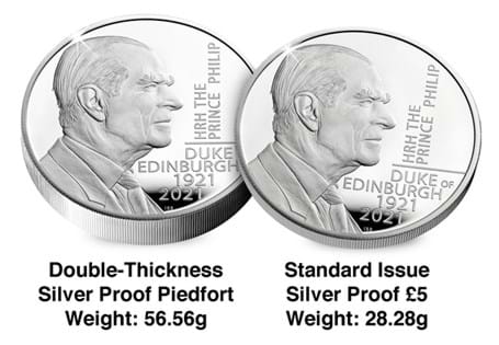 This is the official UK 2021 £5 coin issued by The Royal Mint in memory of the late Prince Philip. It is struck from .925 silver to a proof finish and Piedfort specification.
