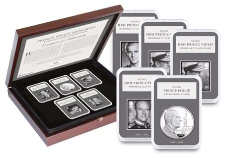 This collection features the official Silver Proof £5 issued by The Royal Mint in memory of Prince Philip, and the 4 memorial stamps issued by Royal Mail. They come protectively encapsulated.