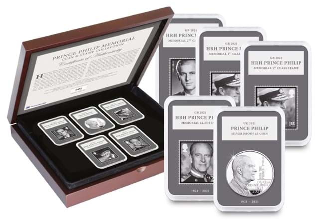 Prince Philip Memorial Silver Proof Coin and Stamp Collection Capsules with box