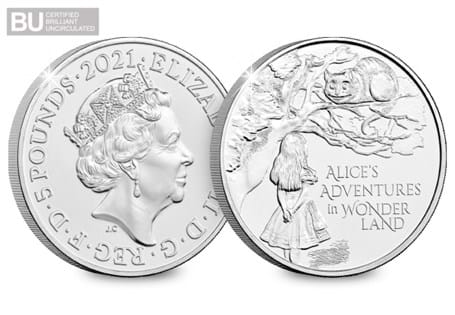 The Alice's Adventures in Wonderland BU £5 has been issued as part of a two coin series released by The Royal Mint in 2021. 