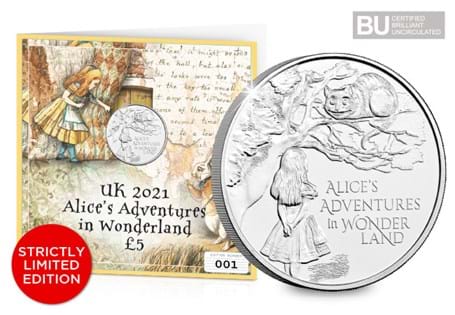 This exclusive Change Checker Display Card featuring themed artwork houses the UK 2021 Alice's Adventures in Wonderland BU £5.