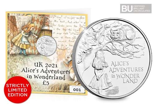 2021 UK Alice's Adventures £5 Display Card with reverse, BU logo and STRICTLY LIMITED EDITION sticker