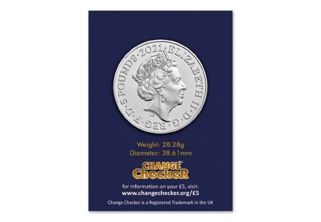 2021 UK Through the Looking-Glass BU £5 obverse in Change Checker packaging