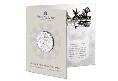 This is the official Alice's Adventures in Wonderland £5 BU Pack issued by The Royal Mint. It is struck from base metal to a BU finish. It is presented in a stylish coin pack from The Royal Mint.