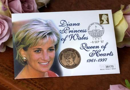 This First Day Cover issued in 1997 features a Princess Diana memorial medal. Also included is a postmark for the First Day of Issue, which was also the date of Princess Diana's funeral.