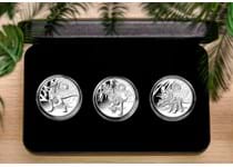 This stunning set features 3 x 1oz Silver coins honouring the Triceratops, Velociraptor and T-Rex. Struck from .999 Pure silver and presented in box with Certificate. Limited to just 999 worldwide.