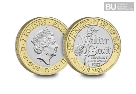 This £2 coin has been issued to commemorate the 250th Anniversary of the birth of Sir Walter Scott.  This £2 has been protectively encapsulated and certified as Brilliant Uncirculated quality.