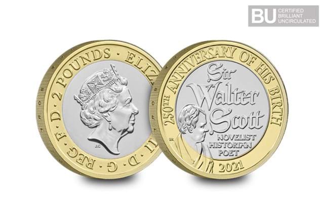 2021 UK Sir Walter Scott CERTIFIED BU £2 both sides with BU logo