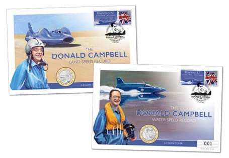 Your Donald Campbell Coin Cover Pair consists of 2 coin covers featuring Donald Campbell £2 coins alongside a GB Britannia 1st class stamp and customised labels. 