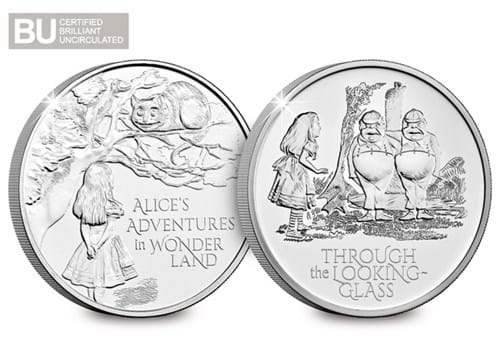 Alice, Tweedledee and Tweedledum Coin and Alice alongside the Cheshire Cat Coin Reverses BU logo