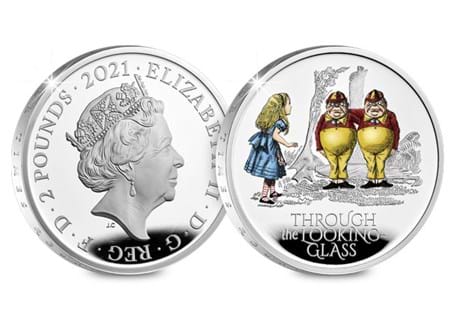 This is the official Through the Looking-Glass 1oz Silver Proof coin issued by The Royal Mint. It is struck from 1oz 99.9% pure silver to a proof finish with selective colour.