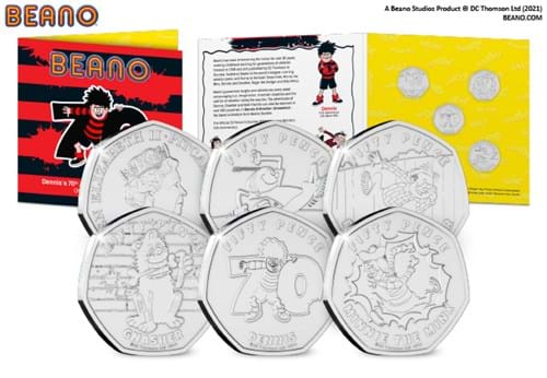 The Official Dennis's 70th Anniversary 50p Set Obverse and Reverses in the forefront with the front of pack and open pack in the background