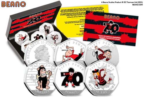 2021 Dennis's 70th Anniversary Silver Proof 50p Set in forefront with box and information pack in background