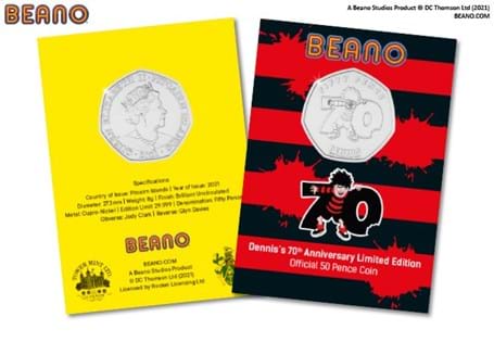 2021 marked the 70th Anniversary of everyone's favourite pesky duo Dennis and Gnasher. To celebrate a 50p has been authorised for release in official packaging. EL; 29,999.