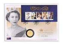 This Coin Cover features the 2015 Australian Longest Reigning monarch miniature sheet, postmarked on the first day of issue. Also included is the Australian LRM $1 coin.