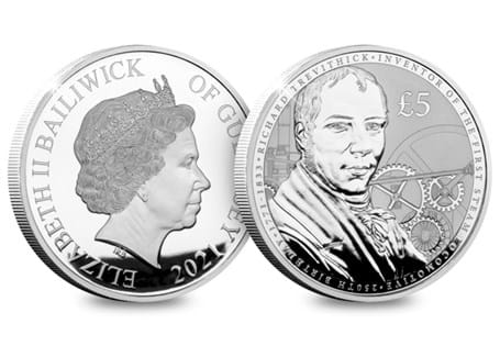 The Richard Trevithick £5 coin issued for the 250th Anniversary of the birth of Richard Trevithick, inventor of the first steam locomotive. Reverse features a portrait of Trevithick.