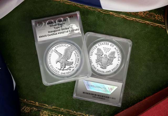US 2021 MS70 Silver Eagle Collection on green surface