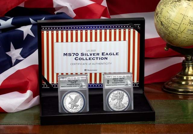 US 2021 MS70 Silver Eagle Collection on desk