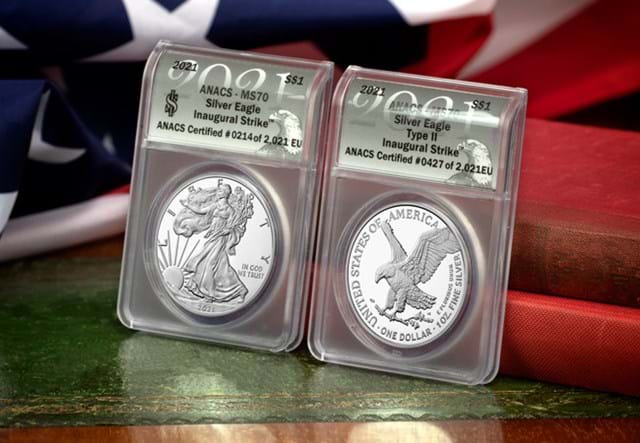 US 2021 MS70 Silver Eagle Collection leaning against red book spines