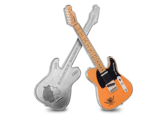 Solomon Islands 2021 1oz Silver Fender Telecaster Guitar Coin Obverse and Reverse