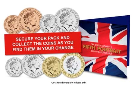 The Queen's New Portrait Coin Collecting Pack has space for you to collect all the 2015 coins that feature the Queen's new Fifth Portrait by Jody Clark and contains a free 2015 Royal Coat of Arms £1.