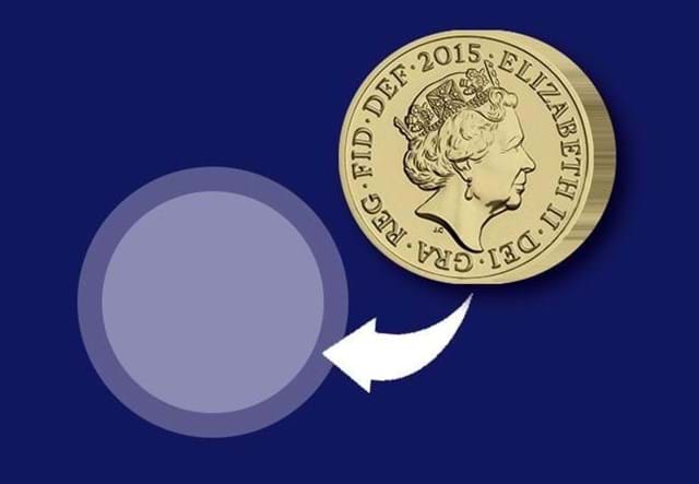Reverse of Round £1 coin with an arrow showing how to insert it into the Queen's New Portrait Pack
