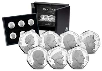 The Prince Philip Silver Proof Portrait 50p Set Obverse and Reverses in fore front with packaging behind.jpg