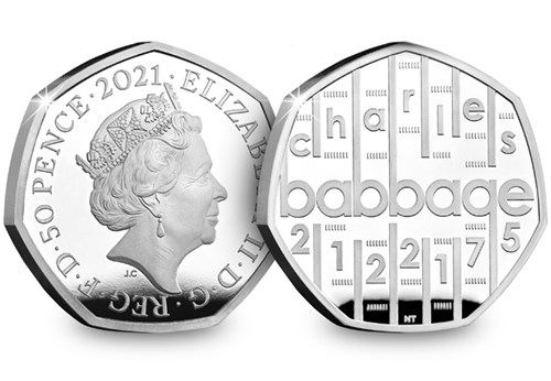 UK 2021 Charles Babbage Silver Proof 50p Obverse and Reverse