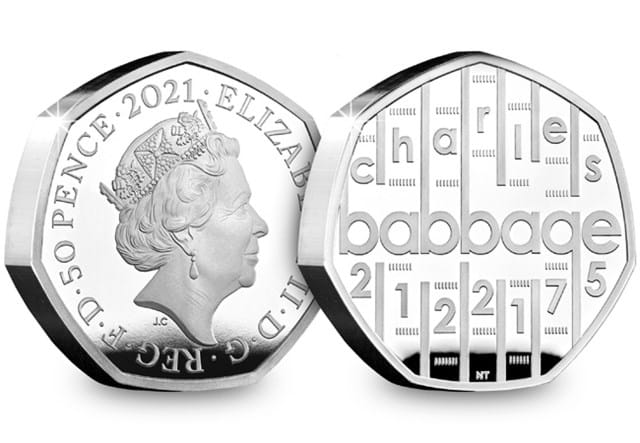 UK 2021 Charles Babbage Silver Proof Piedfort 50p Coin Obverse and Reverse