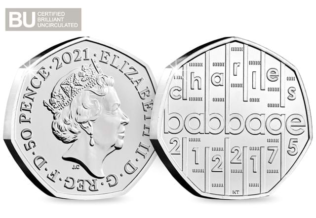 Charles Babbage BU 50p obverse reverse with BU logo