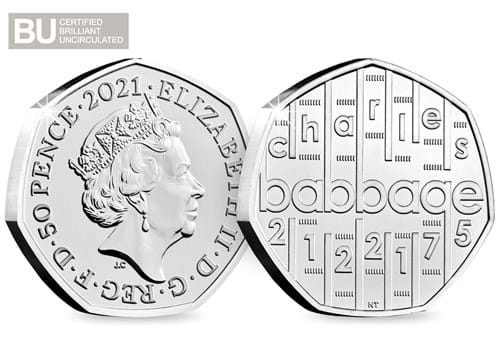 Charles Babbage BU 50p obverse reverse with BU logo