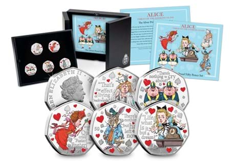 To celebrate the 150th Anniversary of Alice, Through the Looking-Glass, you can own five 50ps featuring some of the most renowned characters. Struck from .925 Silver with the addition of vivid colour.