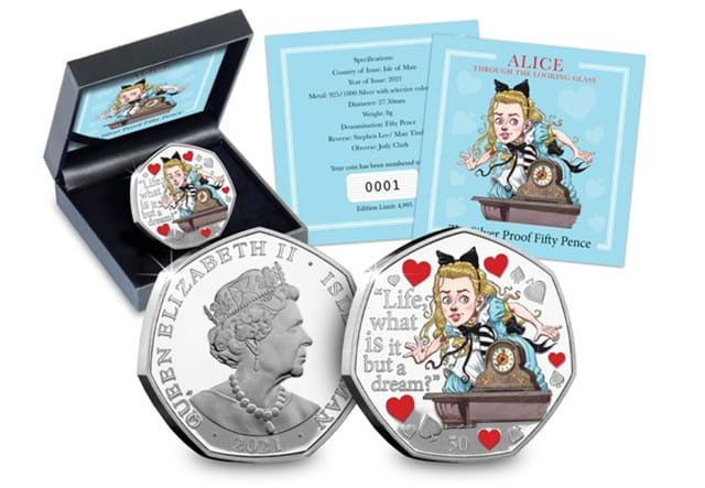 Alice Through the Looking-Glass Silver 50p Obverse and Reverse with Box and Certificate of Authenticity