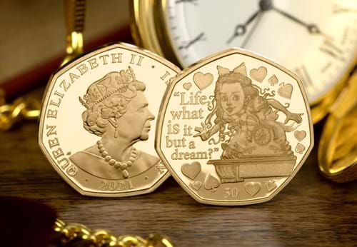 Alice Through the Looking-Glass Gold 50p Obverse and Reverse with Themed Background