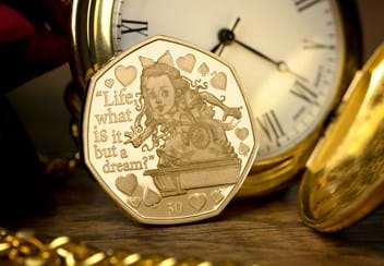 Alice Through the Looking-Glass Gold 50p Reverse with Themed Background
