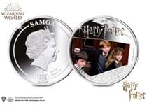 The stunning Silver-plated coin features Harry, Ron and Hermione right out of the first Harry Potter Film, the Philosopher's Stone. Struck to a Proof-like finish.