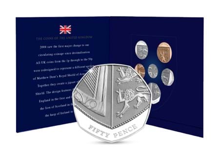 This is the Annual Royal Shield Collector Pack, which has space to fit the 6 definitive UK coins from the 1p to the 50p. The pack comes with a UK Shield 50p to store in the collector pack.